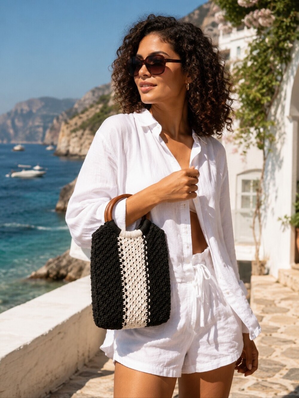 Laude the Label Gabby Mini Macrame Bag Black White NWT